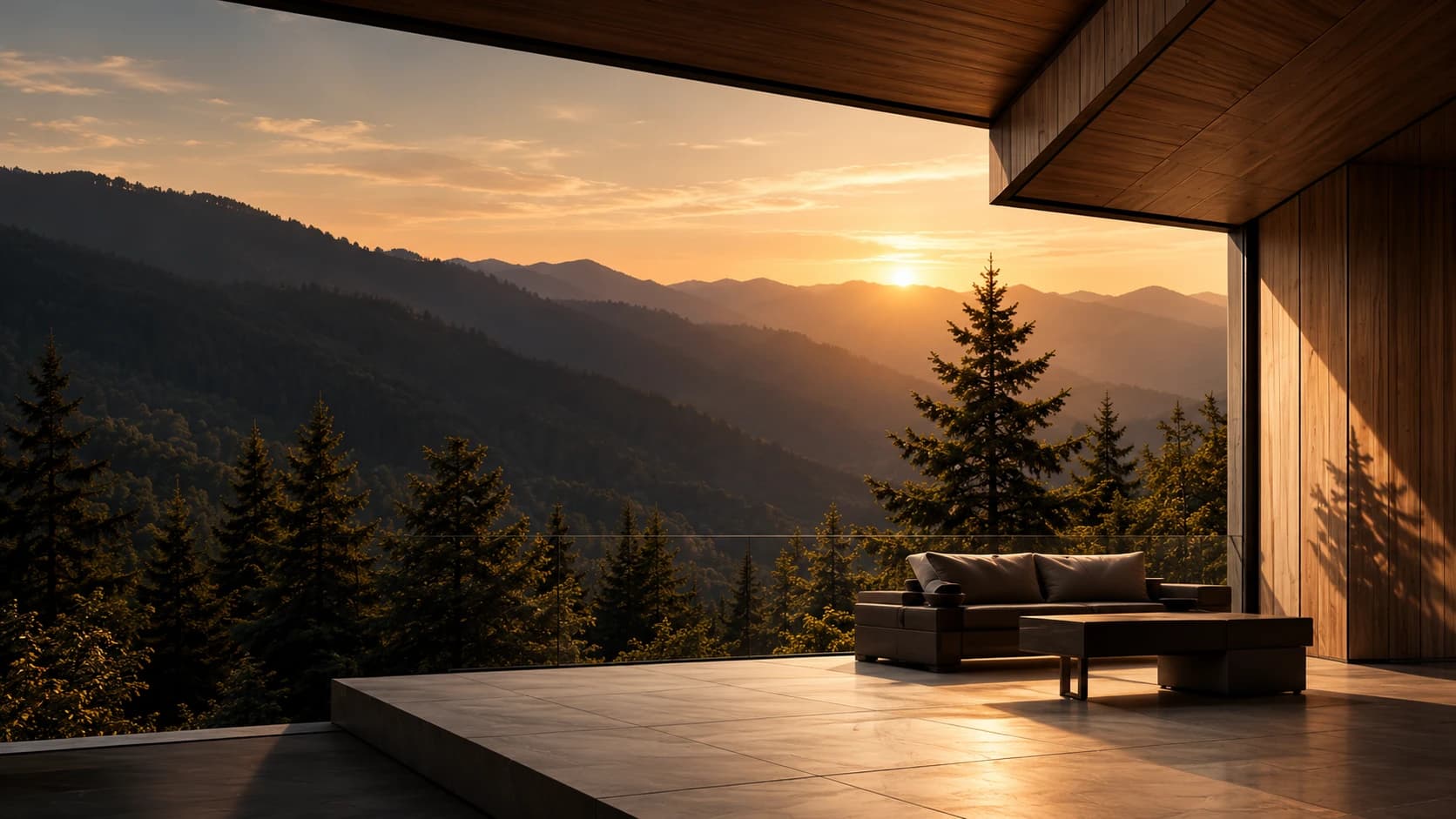 A timber-lined terrace opening onto forested hills at sunset
