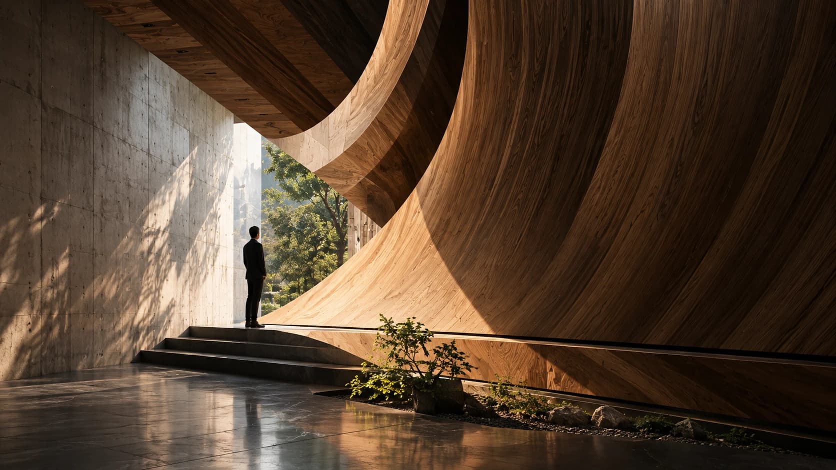 A person standing beneath a sweeping curved timber wall in warm afternoon light